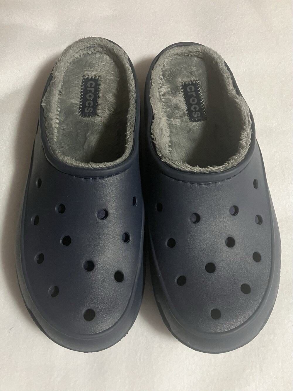 Womens Crocs Shoes Classic Clogs Faux Fur Lined Blue Gray Missing SideButtons 11